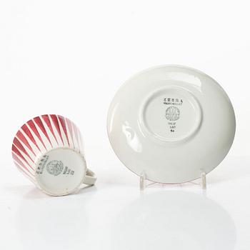 Eugen Trost, Three 'Red Zebra' cream-ware coffee cups on saucers, Uppsala-Ekeby Gefle.