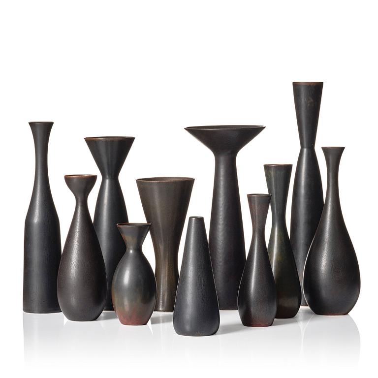 Carl-Harry Stålhane, a set of 11 stoneware vases, Rörstrand, Sweden 1950-60s.