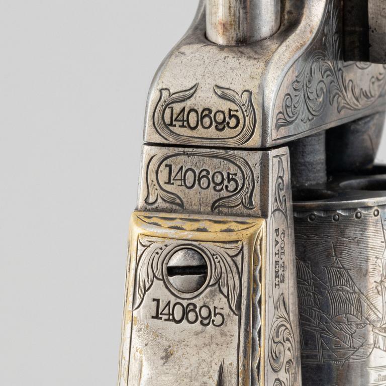 A percussion revolver, Colt 1851 Navy, in case, from the year 1863.