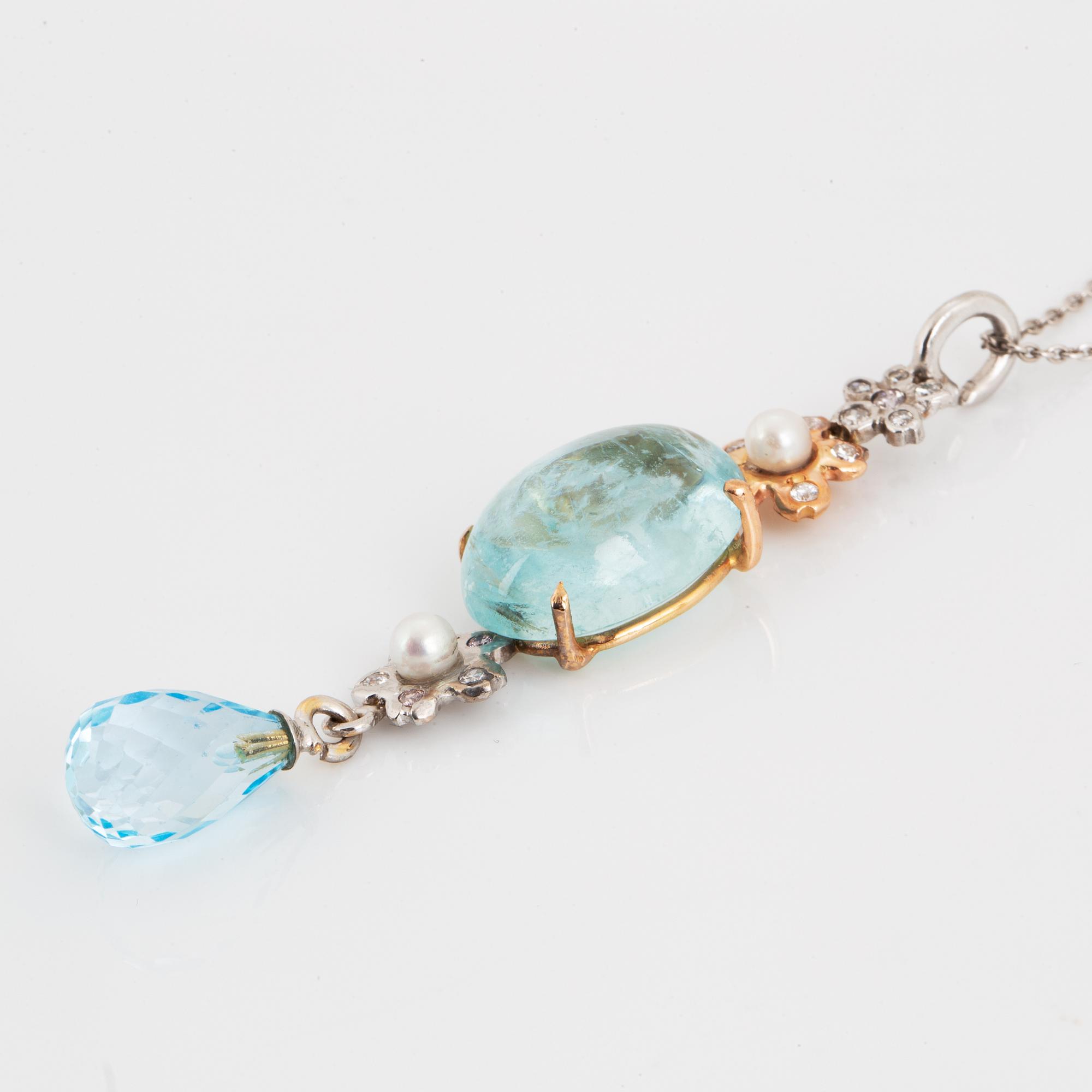 Cabochon-cut aquamarine, briolette-cut topaz, pearl and diamond necklace.
