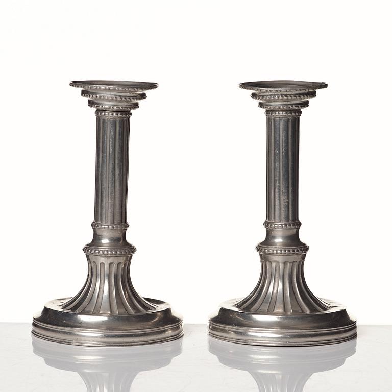 A pair of Gustavian pewter candlesticks by R Ryman 1784.