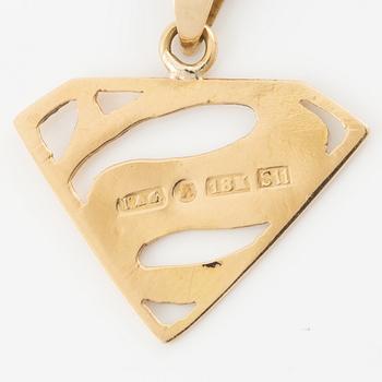 Pendant with chain and a pair of earrings, 18K gold, in the form of Superman/Superwoman logo.