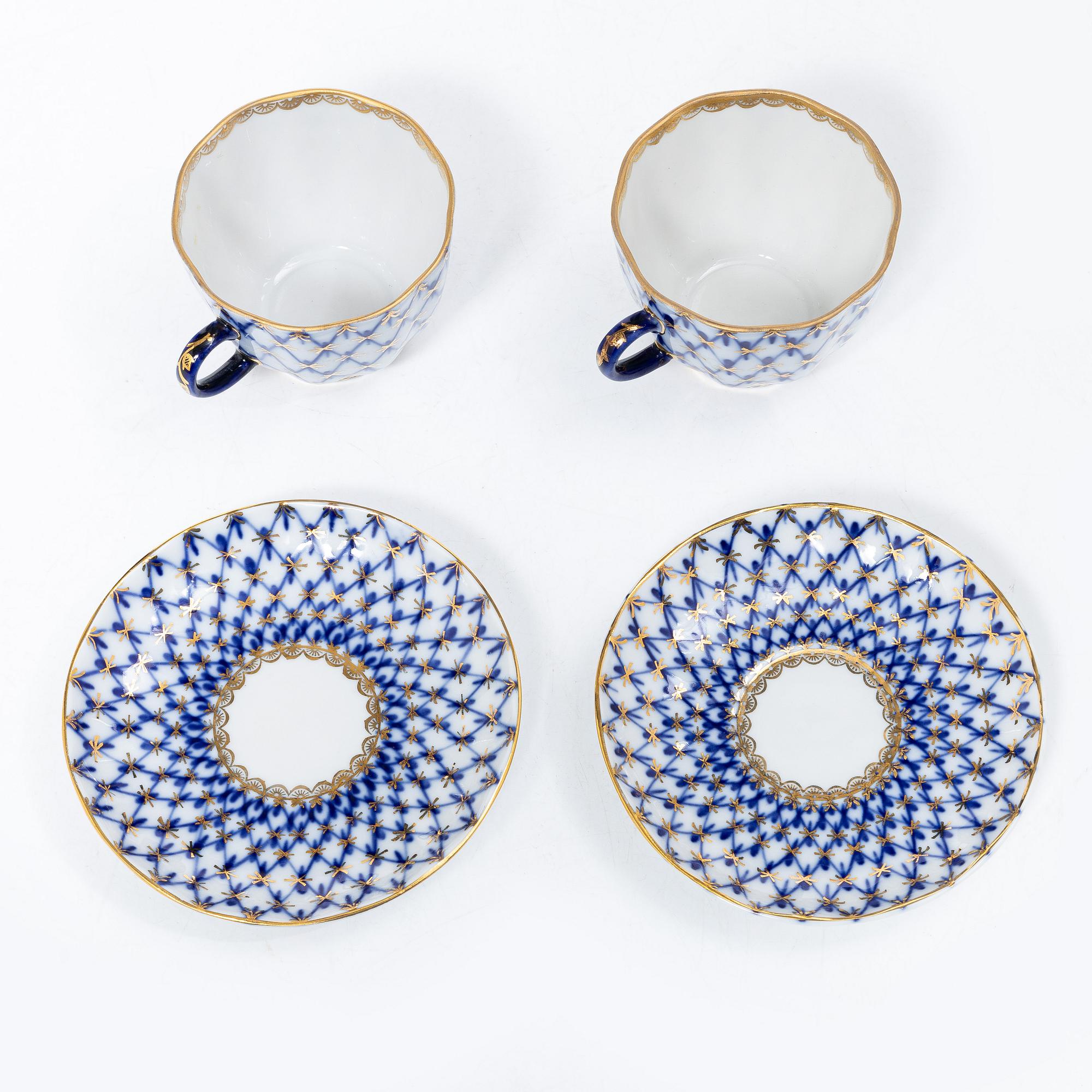 Tweleve coffee cups and saucers, 'Cobalt Net', Lomonosov.