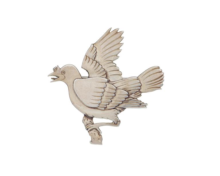 A Wiwen Nilsson sterling brooch of pigeon on a tree branch, Lund 1952.