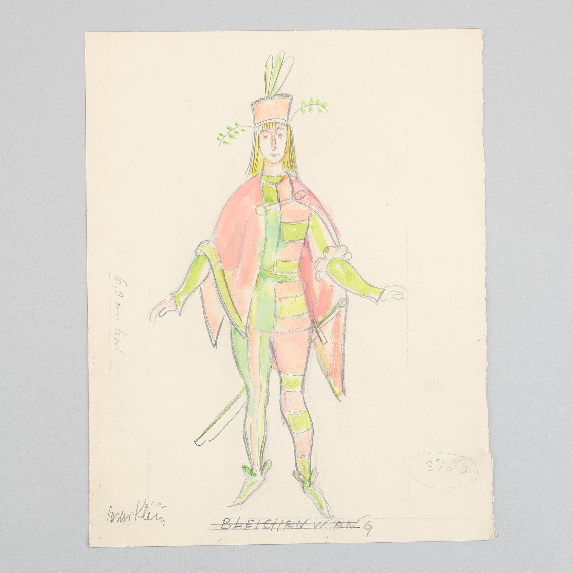 Seven costume sketches by César klein from Shakespears Twelfth Night, signed.