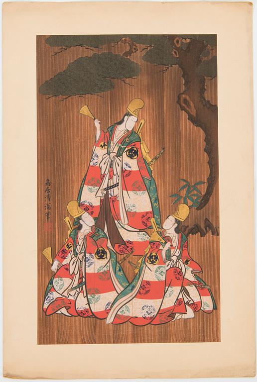 JAPANILAINEN PUUPIIRROS, triptyykki, myöhempi painos, 1900-luvun ensimmäinen puolisko, sekä kolme painotyötä.