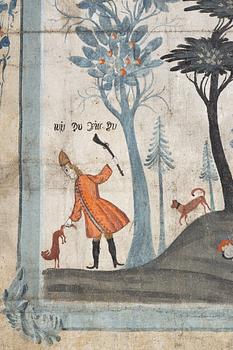 A nine-piece part folk art wall painting from Värmland, Sweden, late 18th century.