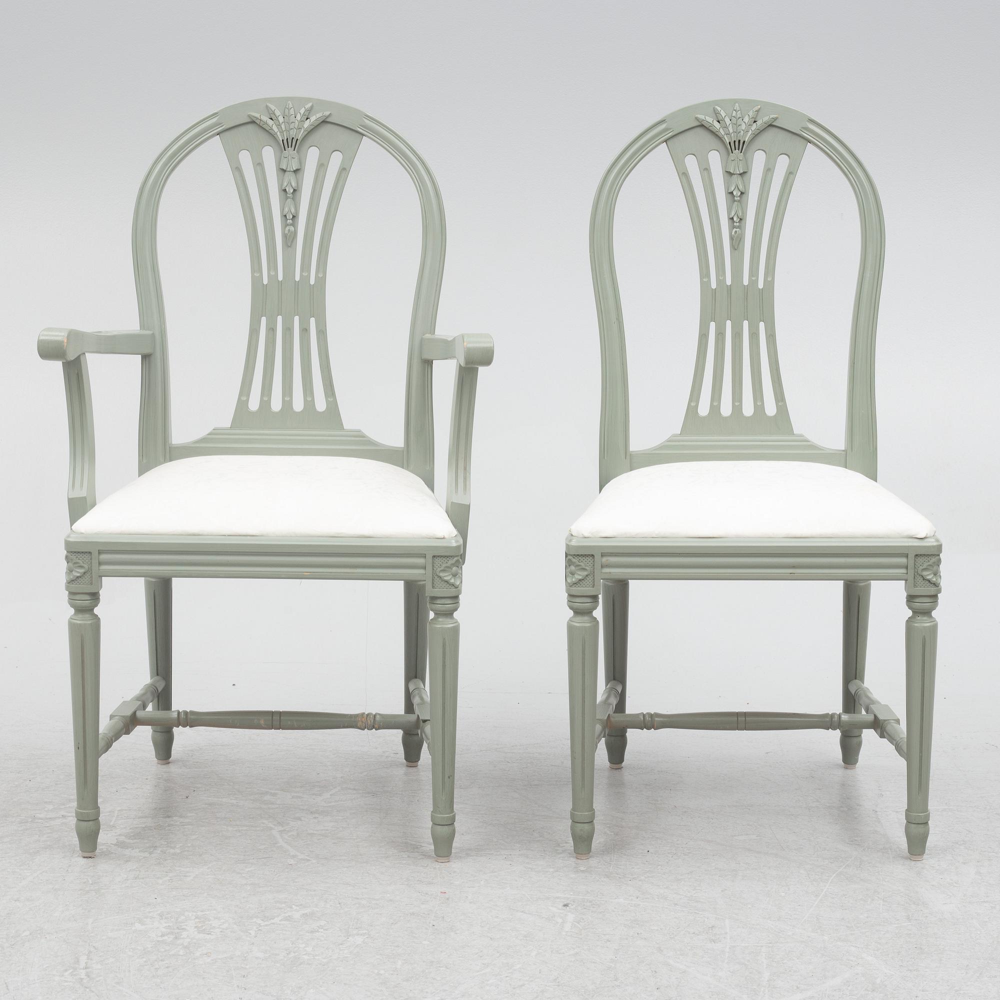 Dining table, with 2 armchairs and 6 chairs, Gustavian style, late 20th century.
