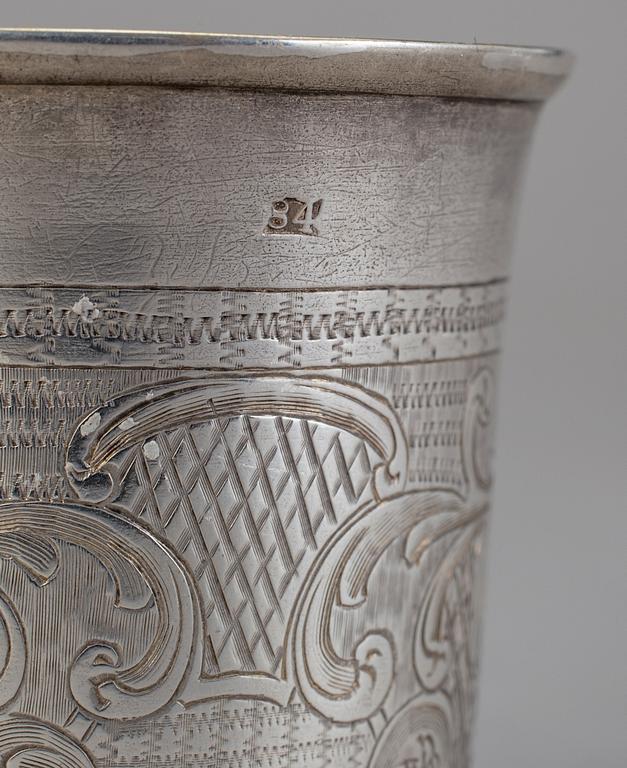 BÄGARE, silver, sannorlikt Moskva, Ryssland 1850. Totalvikt 46 g.