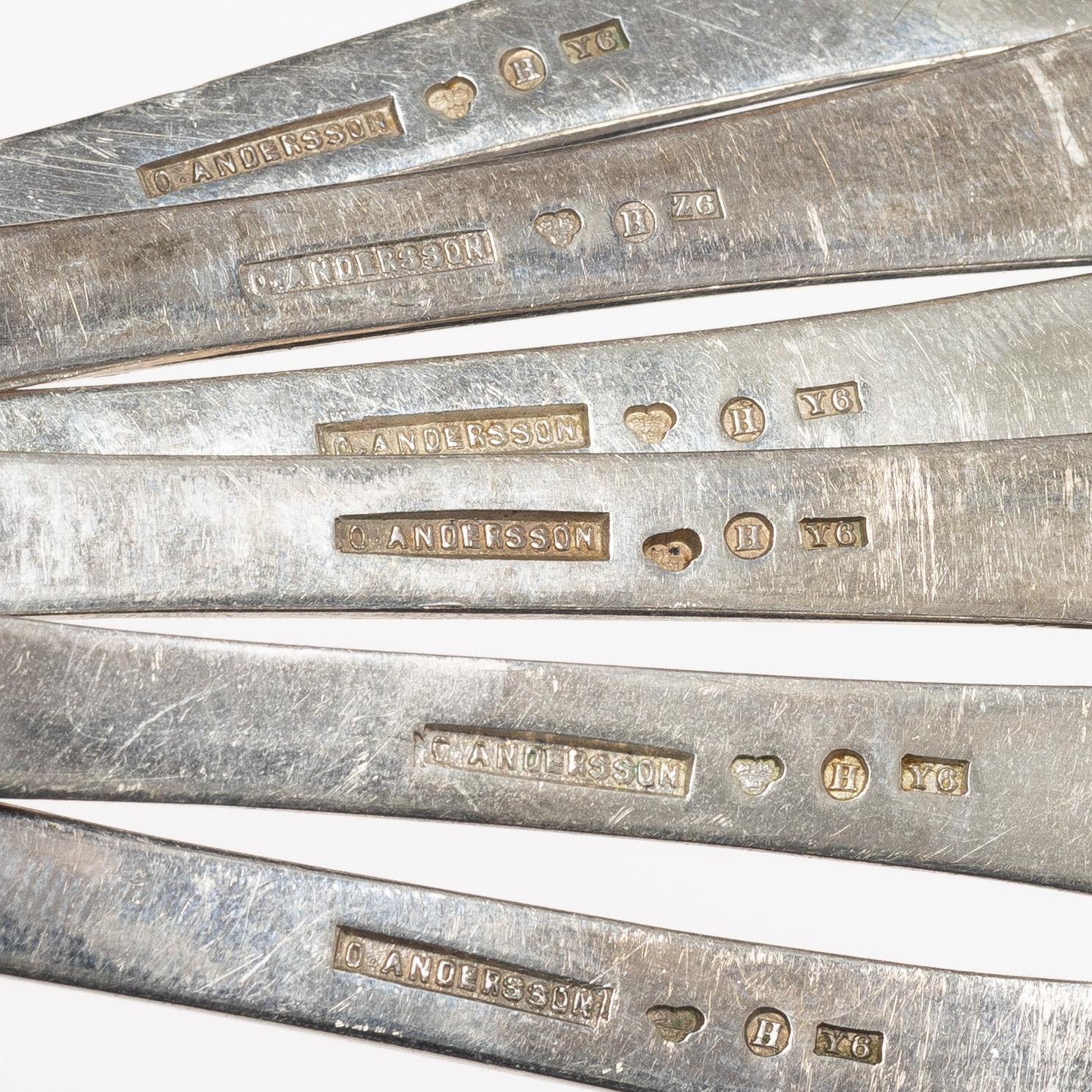 Olaus Andersson, matskedar, 6 st, silver, modell "Gammal fransk", Halmstad 1901-1902.