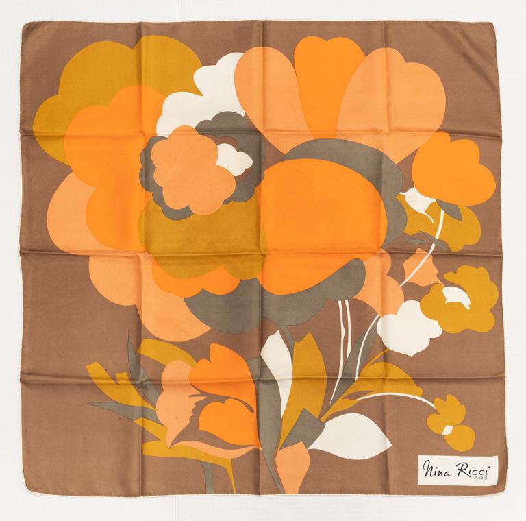 Nina Ricci, five silk scarves.