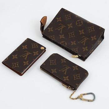 Louis Vuitton, toiletry bag, card holder, and key ring.