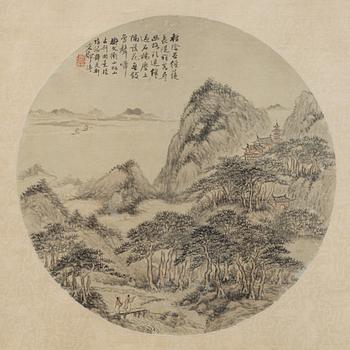 Oidentifierad konstnär, s.k. "Solfjädersmålning", Figurer i bergigt flodlandskap, Kina, sen Qingdynasti/1900-tal.