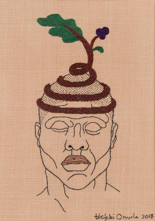 Heikki Orvola, kirjontatyö, "Kenin päähine" -sarja, signeerattu Heikki Orvola 2018.