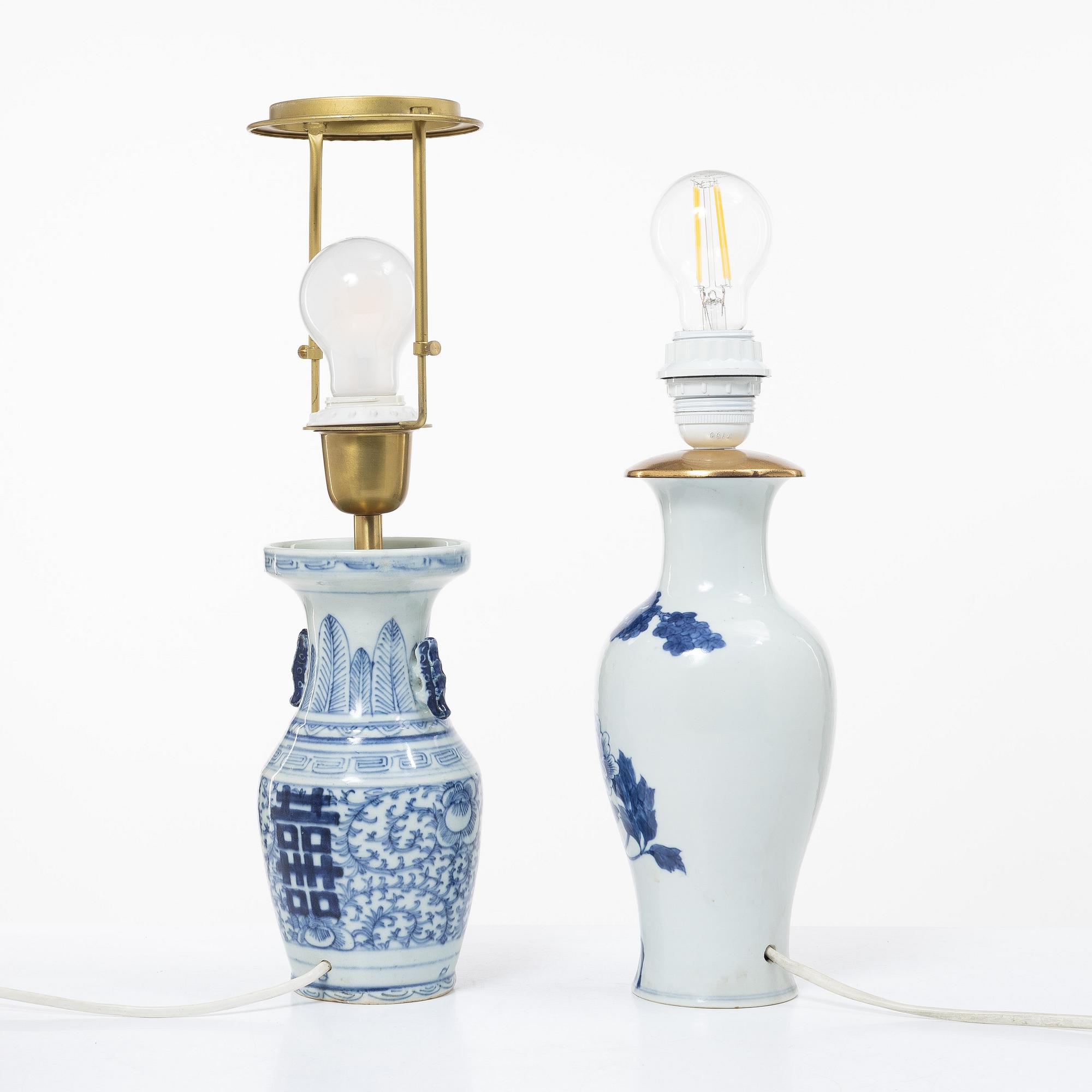 A set of two blue and white Chinese vases made in to lamps, late Qing dynasty, circa 1900.