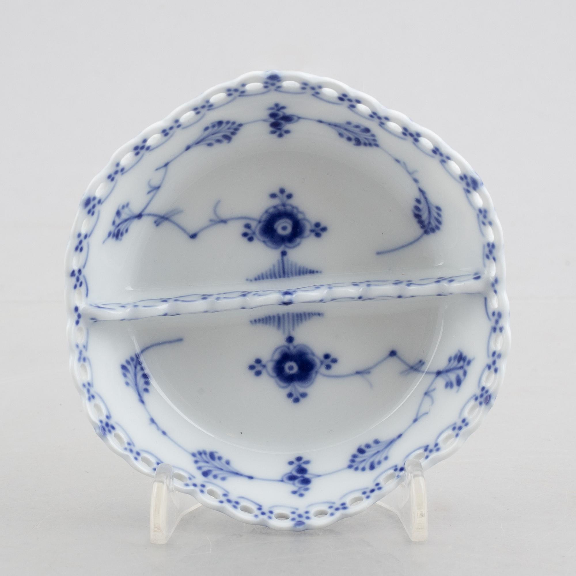 A group of two vases, two bowls and a candlestick, "Blue fluted full lace"/"Musselmalet", Royal Copenhagen.