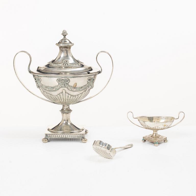 Sugar bowl, sugar spoon and salt cellar, silver, CG Hallberg and GAB, Stockholm, 1899–1917.