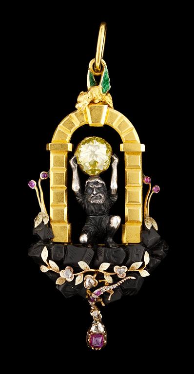 A gold pendant with Atlas holding a yellow diamond. Vienna.