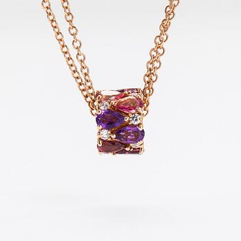 An 18K rosegold necklace, pendant set with diamonds, pink sapphires and amethysts. Oro Trend, Italy.