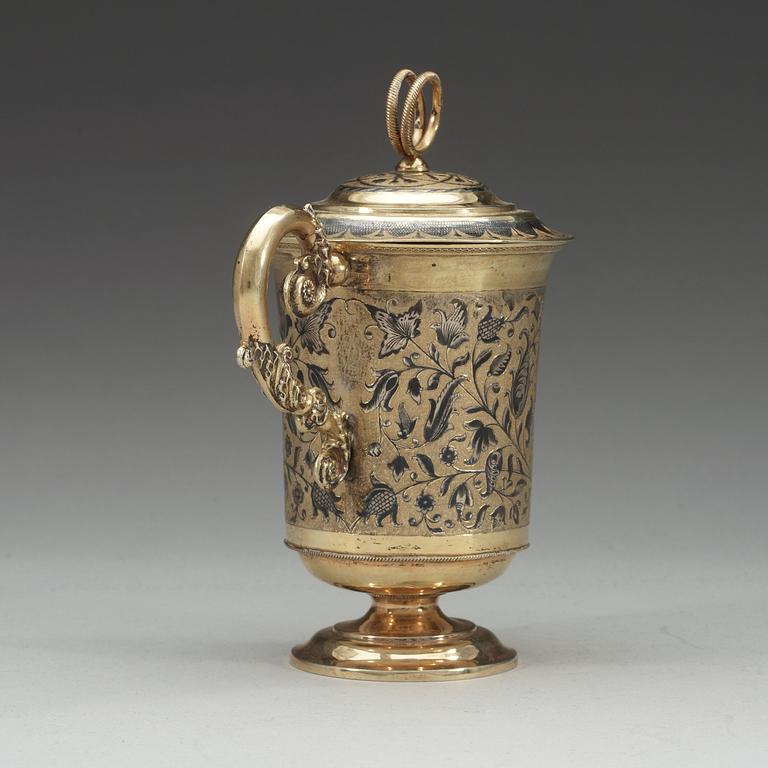 A Russian 19th century silver-gilt and niello cup and cover, un identified makers mark Moscow 1850's.