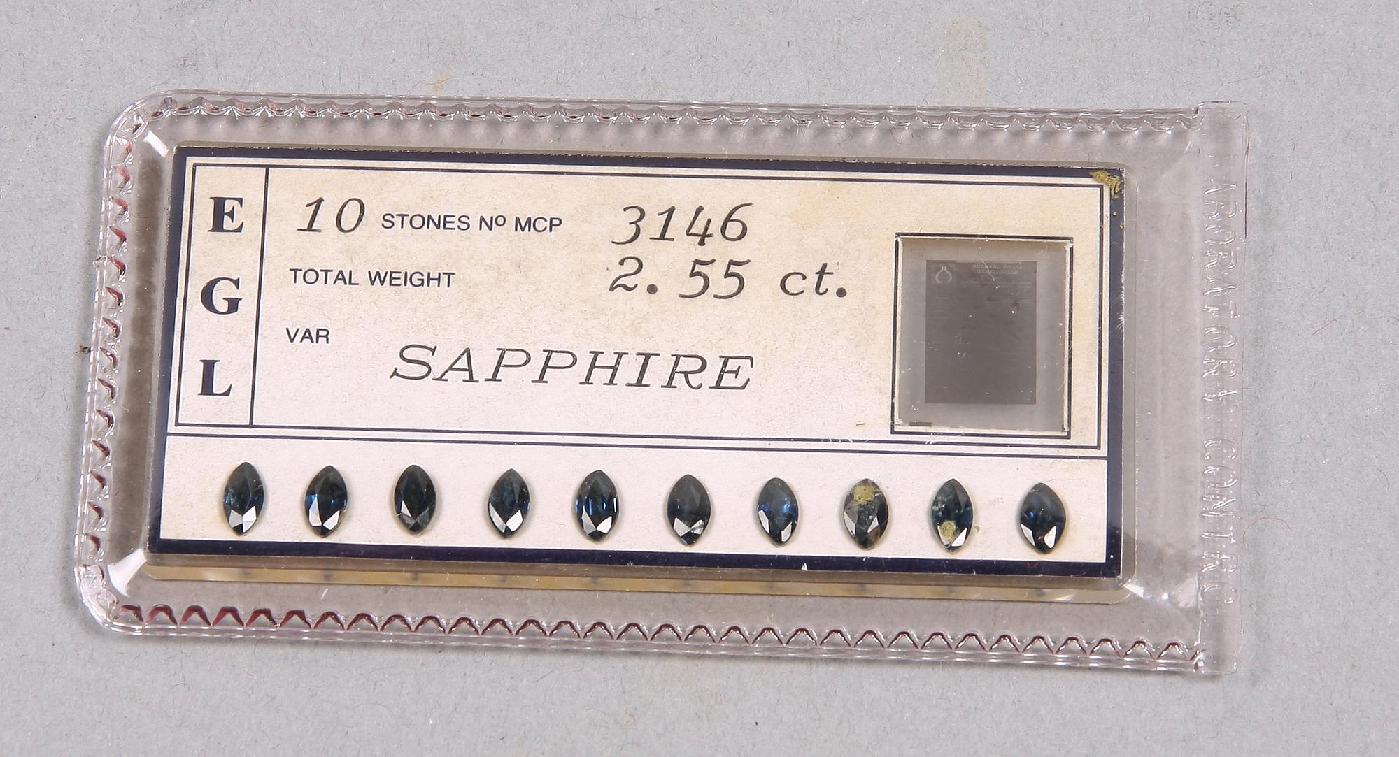 SAFIRER, 10 st, 2.55 ct enligt intyg.