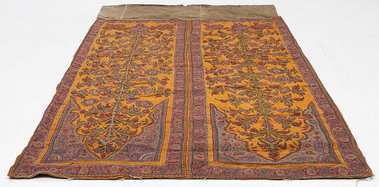 Embroidery, a pair, semi-antique Pateh Kirman, approx. 122 x 190 cm in total.