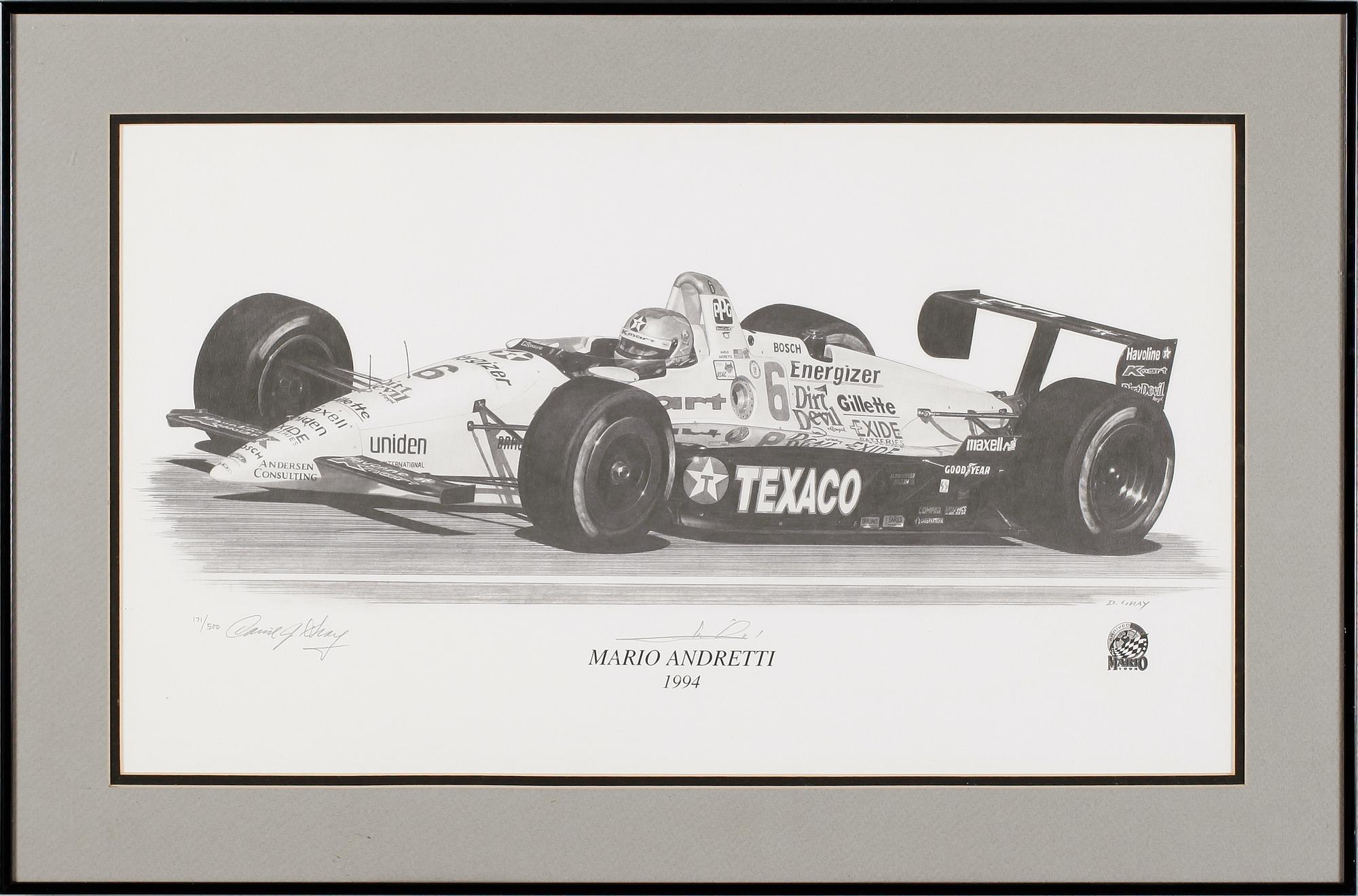 DAVID GRAY, 2 st, litografier, signerade samt med autografer bla Mario Andretti, numrerade 171/500 resp 280/500.