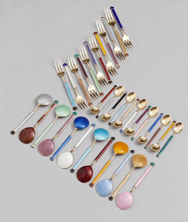 A David Andersen set of dessert ware, 36 pieces, Oslo probably 1950's-60's, sterling silver gilt and enamelled.