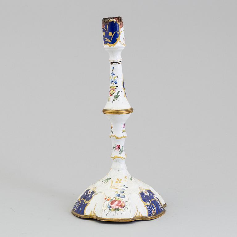 A late 18th Century Bilston Battersea enamel candlestick.