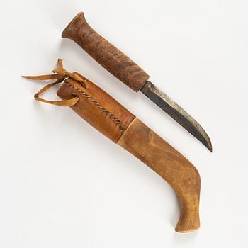 A burr birch and leather knife, unidentified signature.