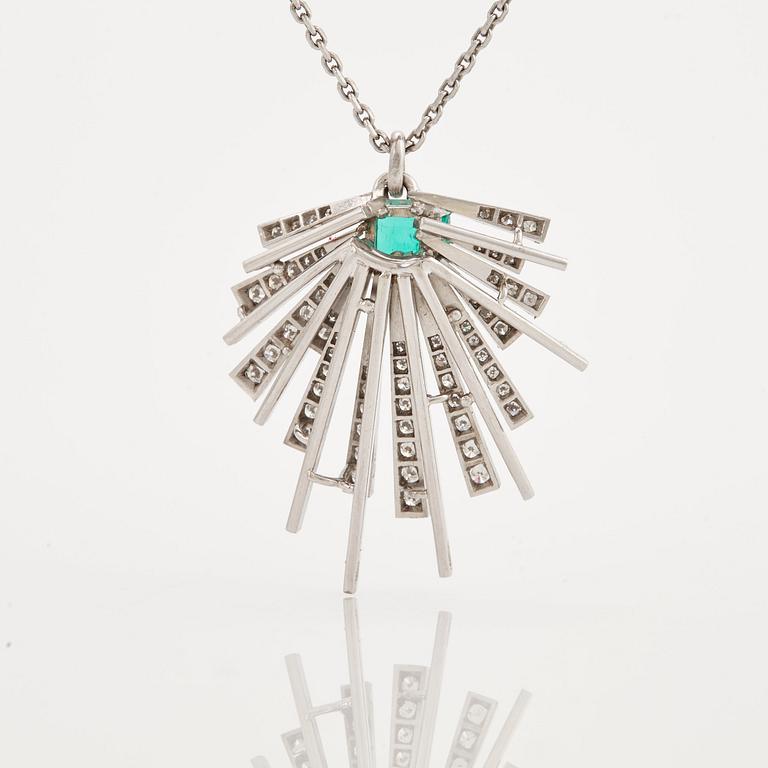 A emerald cut emerald, brilliant- and single cut diamond pendant.