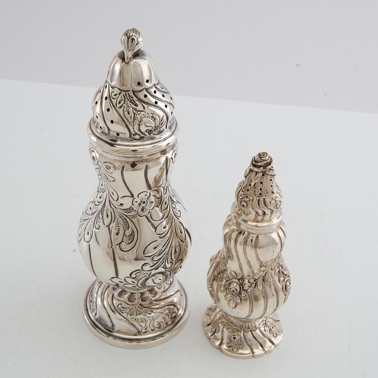 Sugar and salt shakers, Rococo style, silver, Swedish import marks, 20th century.