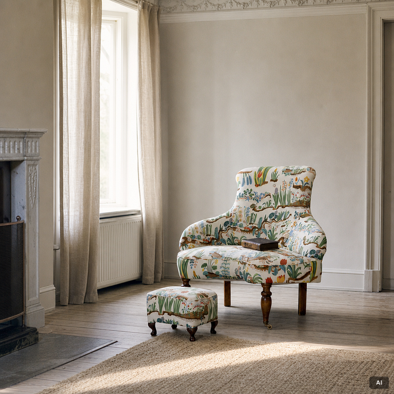 A corner lounge chair/sofa with a small ottoman, presumably early 20th century.
