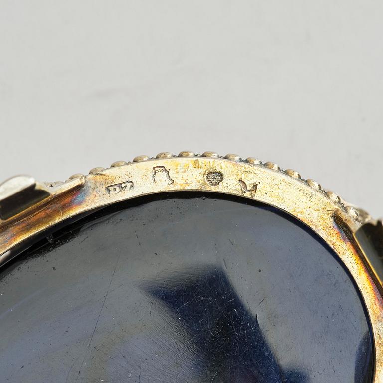 A pair of Swedish 18th century silver and blue glass salt cellars, mark of Pehr Zethelius, Stockholm 1775.