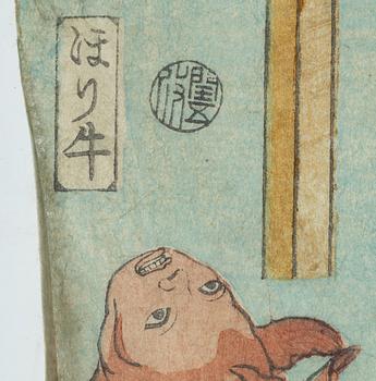 Träsnitt, fyra stycken, Japan, bland annat Ogata Gekko och Utagawa Kunisada.