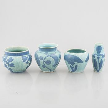 Josef Ekberg, a creamware vase and three pots, 'Sgrafitto', Gustavsberg 1923-1925.