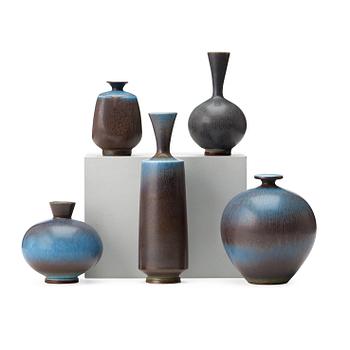 Berndt Friberg, a set of five stoneware vases, Gustavsberg studio 1970's.