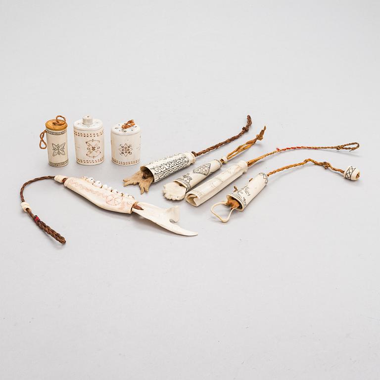 5 needle cases and 3 signed matchboxes, sami handicraft / duodji, first half of the 20th century.