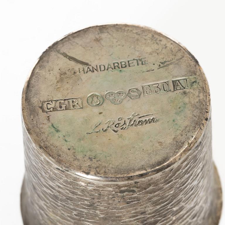 Three cups, dish, basket, jug, bowl, and ring holder, silver.