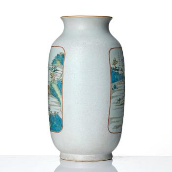 A large famille rose and scrafitto landscape vase, Qing dynasty, with Qianlong seal mark in red.