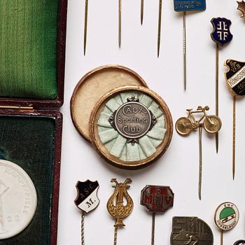 A collection of club pins/club badges for various associations/awards, including Sweden, Germany, and France.