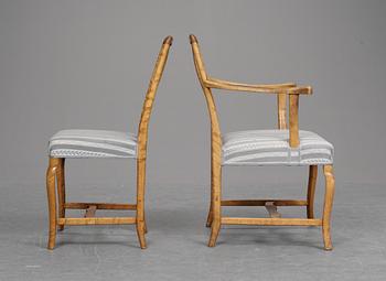 A set of 4 Carl Malmsten birch chairs and 2 armchairs, Nordiska Kompaniet 1920's.