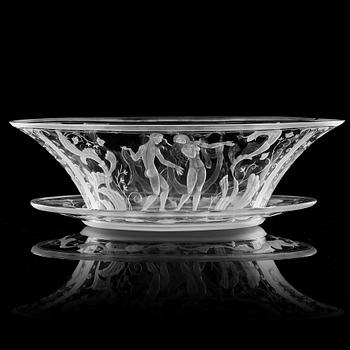 Simon Gate, a Swedish Grace engraved glass bowl with stand, Orrefors 1930, model 147, engraved by Karl Rössler.