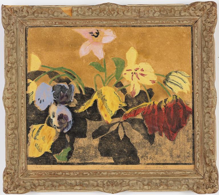 Maja Fjaestad, wood cut in colours, signed.