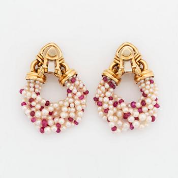 A pair of Bulgari 18K gold earrings with sugarloaf-cut rubelites and cultured pearls and ruby beads.