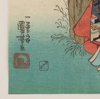 UTAGAWA KUNIYOSHI (1797/98-1861), färgträsnitt, Japan, från serien "One Hundred Poems".