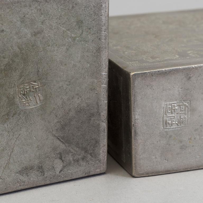 Three Chinese teacaddies in tin, Qing dynasty, 19th century.