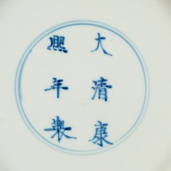 A blue and white klappmutz bowl, Qing dynasty, with Kangxi six character mark and of the period (1662-1722).