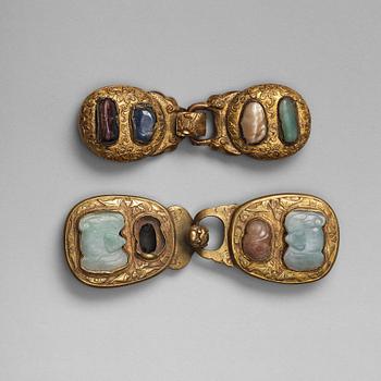 Two gilt copper alloy belt buckles, Qing dynasty (1664-1912).