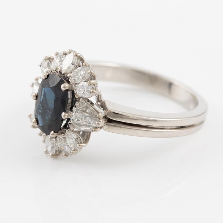 Ring, 18K white gold with sapphire and trapeze- and navette-cut diamonds.